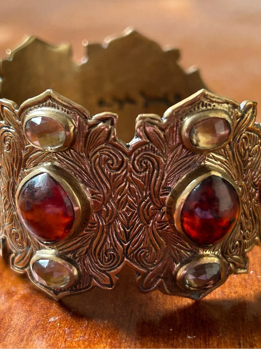 Stephen Dweck Bronze Cuff Bracelet with Citrine and Carnelian Gemstones